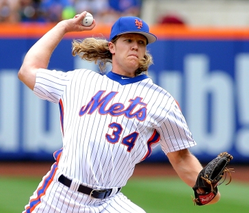 Jul 3, 2016; New York City, NY, USA; New York Mets starting pitcher Noah Syndergaard (34) pitches against the Chicago Cubs during the first inning at Citi Field. The Mets won 14-3. Mandatory Credit: Andy Marlin-USA TODAY Sports ORG XMIT: USATSI-260706 ORIG FILE ID: 20160703_ads_bm4_247.JPG